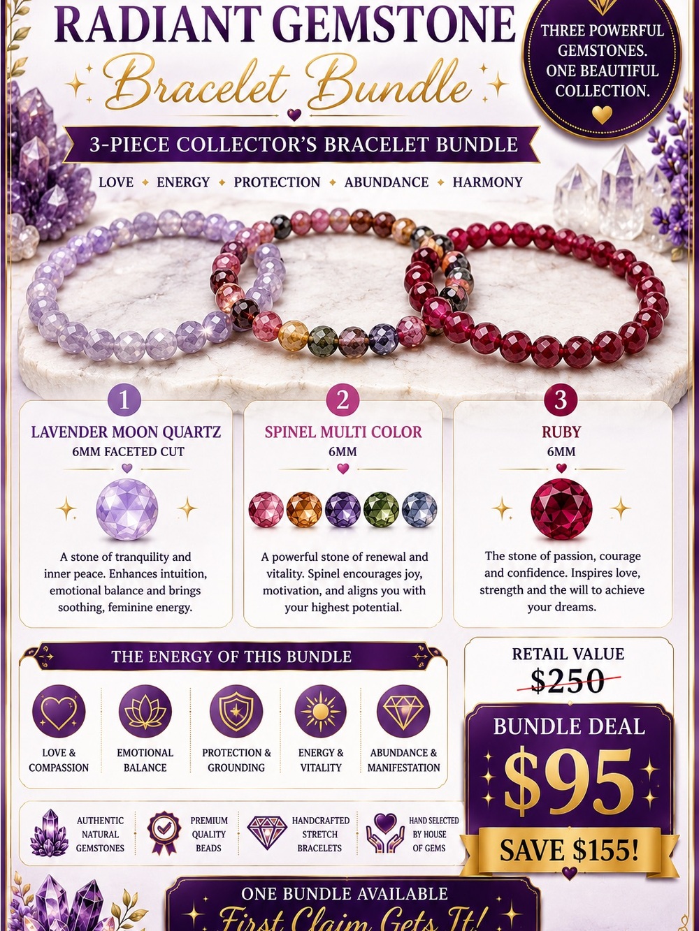 Bracelet Bundle lavender moon quartz spinel & ruby